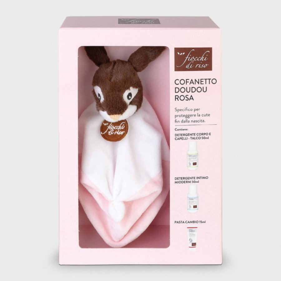 FIOCCHI DI RISO COFANETTO DOUDOU BIMBA ROSA MINISIZE PASTA CAMBIO 15 ML + MINISIZE INTIMO MIODERM 50 ML + MINISIZE DETERGENTE CORPO CAPELLI TALCO 50 ML + DOUDOU FIOCCO ROSA - Pharmaleader