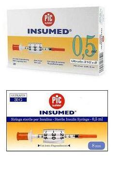 SIRINGA PER INSULINA PIC INSUMED 0,5 ML 100 UI AGO GAUGE 30 LUNGHEZZA 8 MM SENZA SPAZIO MORTO 3 SACCHETTI DA 10 PEZZI - Pharmaleader