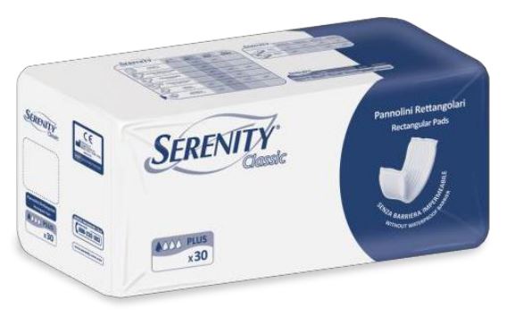 PANNOLONE PER INCONTINENZA RETTANGOLARE SENZA BARRIERA IMPERMEABILE SERENITY CLASSIC 30 PEZZI - Pharmaleader