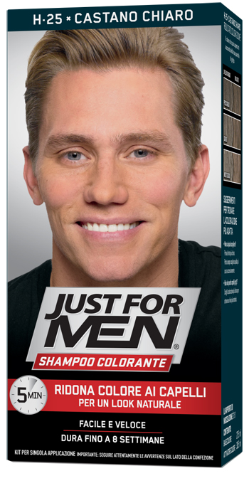 JUST FOR MEN SHAMPOO COLORANTE H25 CASTANO CHIARO ATTIVATORE CHIARO 38,5 ML + BASE COLORE 27,5 ML - Pharmaleader