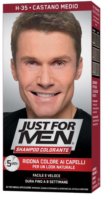 JUST FOR MEN SHAMPOO COLORANTE H35 CASTANO MEDIO ATTIVATORE CHIARO 38,5 ML + BASE COLORE 27,5 ML - Pharmaleader