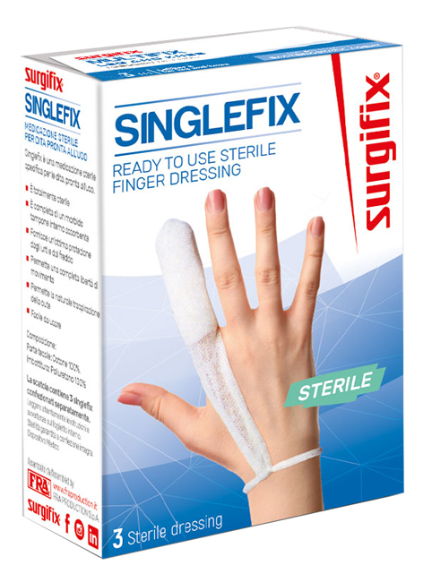 MEDICAZIONE STERILE PER DITO SINGLEFIX, COSTITUITA DA UNA GUAINA IN COTONE E DA UN'IMBOTTITURA INTERNA ASSORBENTE. SI APPLICA DIRETTAMENTE SULLA FERITA E SI FISSA AL POLSO - Pharmaleader