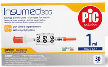 SIRINGA INSULINA PIC INSUMED 1 ML 100 UI AGO GAUGE 30 12,7 MM SENZA SPAZIO MORTO 30 PEZZI - Pharmaleader