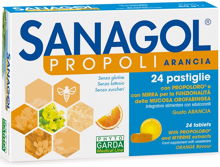 SANAGOL PROPOLI SENZA ZUCCHERO ARANCIA 24 CARAMELLE - Pharmaleader