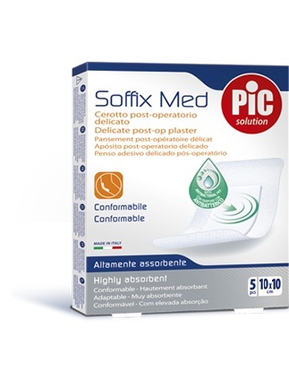 CEROTTO PIC SOFFIX MED IN TNT CON TAMPONE CENTRALE ASSORBENTE STERILE MONOUSO 10X10 CM ANTIBATTERICO 5 PEZZI - Pharmaleader