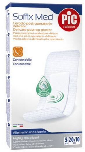 CEROTTO PIC SOFFIX MED IN TNT CON TAMPONE CENTRALE ASSORBENTE STERILE MONOUSO 10X20 CM ANTIBATTERICO 5 PEZZI - Pharmaleader