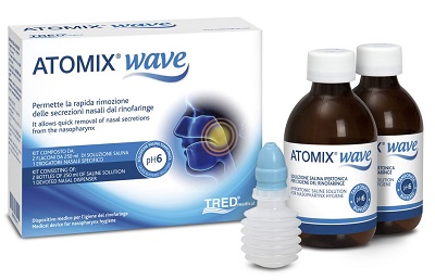 ATOMIX WAVE DISPOSITIVO PER IGIENE RINOFARINGEA ATOMIX SOLUZIONE SALINA 250 ML 2 PEZZI + TERMINALE NASALE + EROGATORE A SOFFIETTO - Pharmaleader