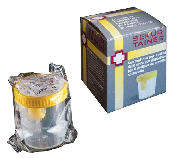 CONTENITORE PER URINA SEKUR TRAINER CON TAPPO A VITE E SONDA PER PRELIEVO DA PROVETTA SOTTOVUOTO 120ML - Pharmaleader