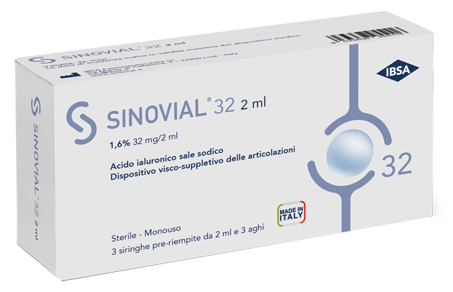 SIRINGA INTRA-ARTICOLARE SINOVIAL 32 ACIDO IALURONICO SALE SODICO 1,6% 32MG/2ML 3 SIRINGHE X 2ML + 3 AGHI - Pharmaleader