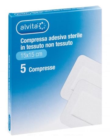 ALVITA GARZA COMPRESSA ADESIVA STERILE IN TESSUTO NON TESSUTO ESTENSIBILE BIANCO 15X15CM 5 PEZZI - Pharmaleader