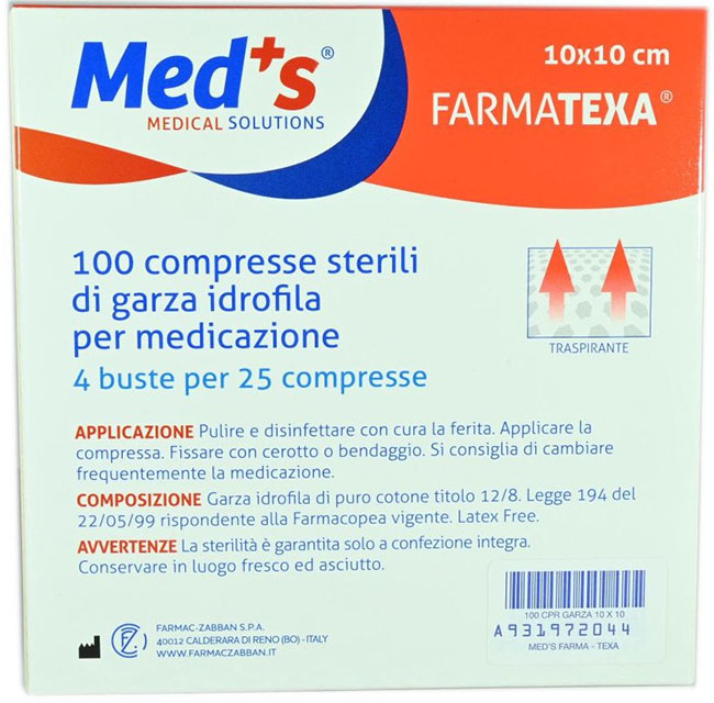 GARZA COMPRESSA IDROFILA MEDS FARMATEXA 2/8 10X10CM 100 PEZZI - Pharmaleader