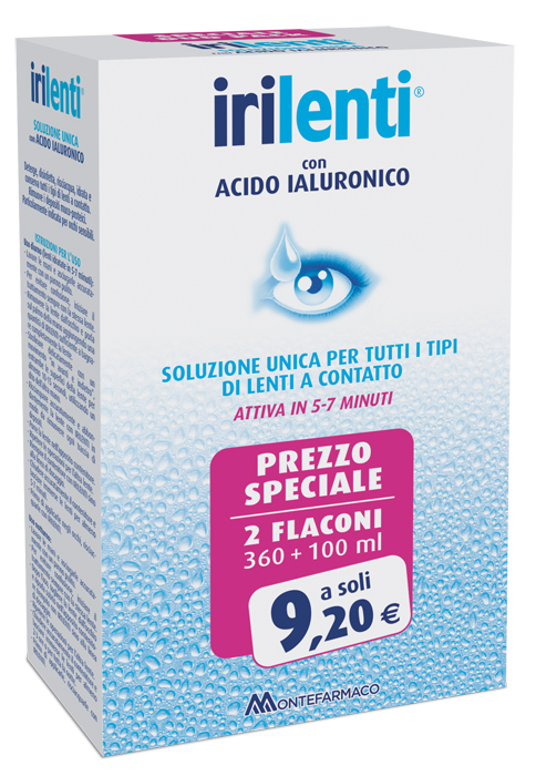 SOLUZIONE UNICA PER LENTI A CONTATTO IRILENTI CON ACIDO IALURONICO 2 FLACONI DA 360 ML + 100 ML - Pharmaleader
