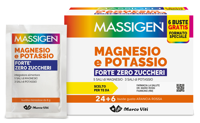 MASSIGEN MAGNESIO POTASSIO FORTE ZERO ZUCCHERO 24 BUSTINE + 6 BUSTINE - Pharmaleader