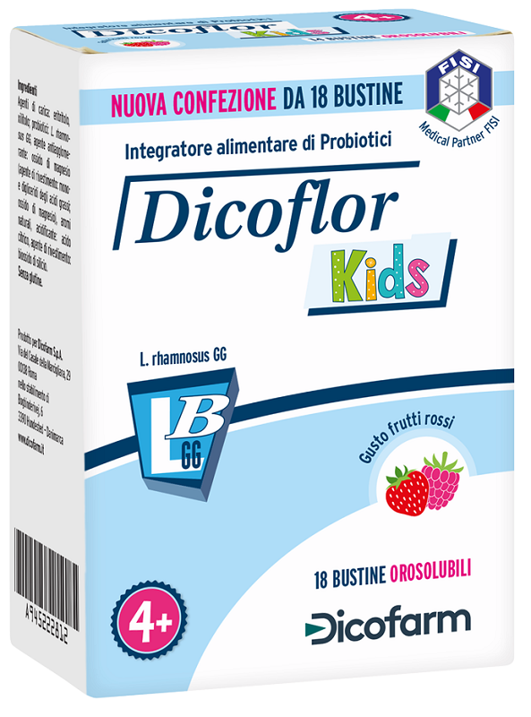 DICOFLOR KIDS 18 BUSTINE OROSOLUBILI GUSTO FRUTTI ROSSI - Pharmaleader