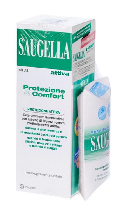 SAUGELLA PROTEZIONE&COMFORT BUNDLE 1 ATTIVA 250 ML + 3 ASSORBENTI INTERNI REGULAR IN OMAGGIO + GADGET STICKERS MOTIVAZIONALI - Pharmaleader
