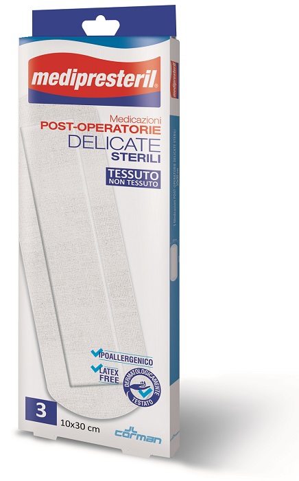 MEDICAZIONE POST OPERATORIA MEDIPRESETERIL DELICATA TNT 10X30CM 3 PEZZI - Pharmaleader