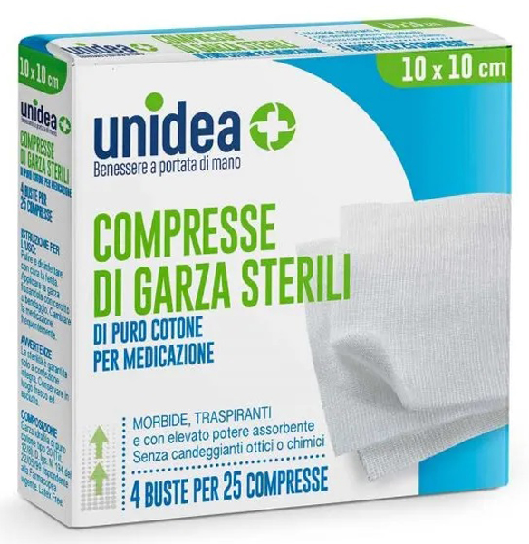 GARZA COMPRESSA UNIDEA COTONE 10 X 10 CM 100 PEZZI - Pharmaleader