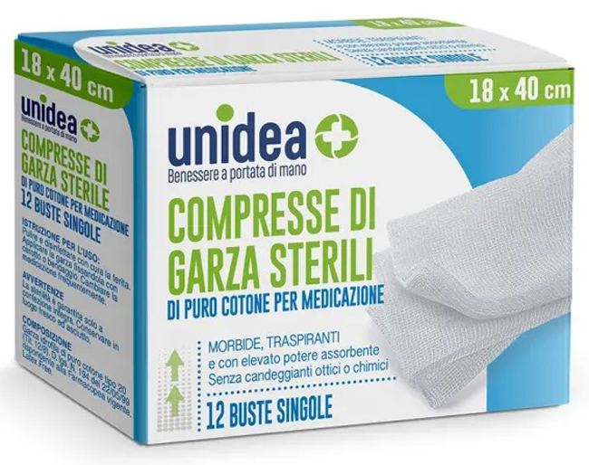 GARZA COMPRESSA UNIDEA COTONE 18X40 CM 12 PEZZI - Pharmaleader