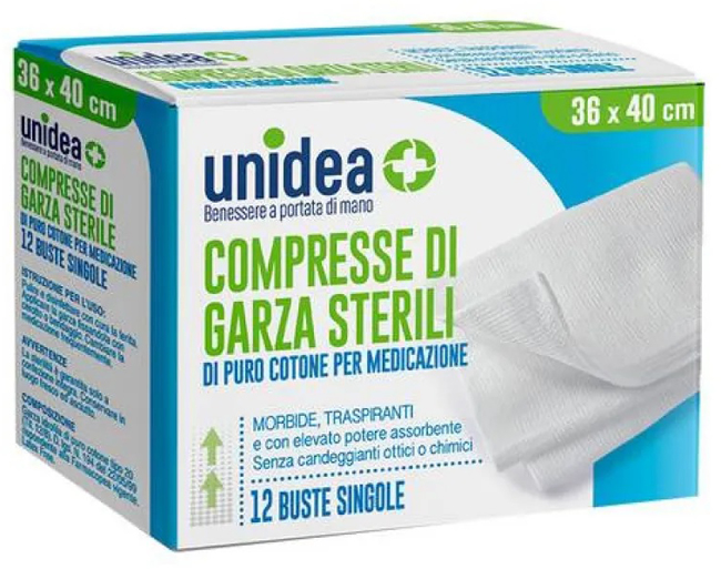 GARZA COMPRESSA UNIDEA COTONE 36X40 CM 12 PEZZI - Pharmaleader