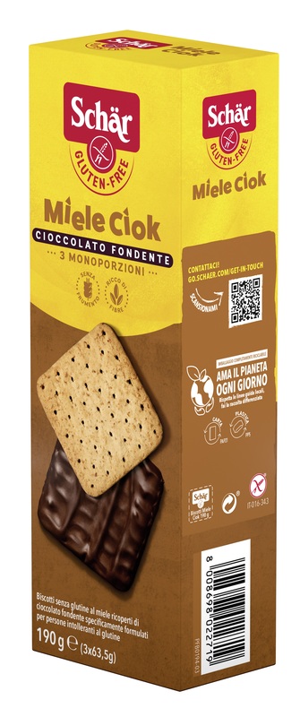SCHAR MIELE CIOK BISCOTTI AL MIELE RICOPERTI DI CIOCCOLATO FONDENTE 3 PORZIONI DA 63,5 G - Pharmaleader