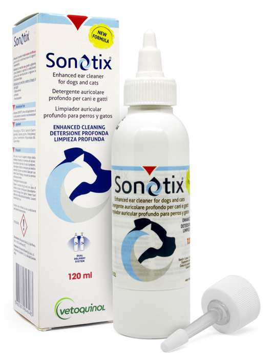 SONOTIX DETERGENTE AURICOLARE PROFONDO CANI E GATTI 120 ML + CANNULA CORTA RIGIDA + CANNULA LUNGA FLESSIBILE - Pharmaleader