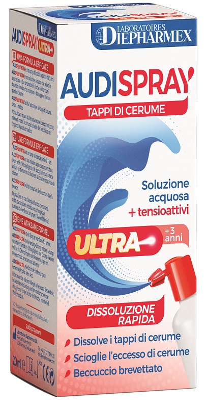 AUDISPRAY ULTRA +3 ANNI SOLUZIONE ACQUOSA + TENSIOATTIVI SPRAY TAPPI DI CERUME 20 ML - Pharmaleader