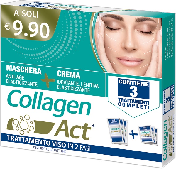 COLLAGEN ACT TRATTAMENTO VISO 2 FASI MASCHERA ANTI AGE ELASTICIZZANTE 3 PEZZI DA 15 ML + CREMA IDRATANTE LENITIVA ELASTICIZZANTE 3 PEZZI DA 5 ML - Pharmaleader