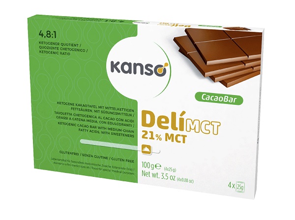 KANSO DELIMCT CACAO BAR 21% TAVOLETTA CHETOGENICA AL CACAO CON ACIDI GRASSI A CATENA MEDIA 4 MONOPORZIONI DA 25 G - Pharmaleader