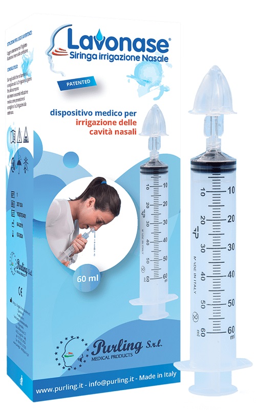 LAVONASE IRRIGAZIONE NASALE NON STERILE SIRINGA 60 ML + LUER-LOCK CON CAPPUCCIO + UGELLO NASALE CON RACCORDO LUER-LOCK + PERFORATORE CON VALVOLA NON RITORNO CON TAPPO - Pharmaleader