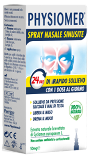 PHYSIOMER SPRAY NASALE SINUSITE 2 PEZZI 1 FLACONE DA 50 MG DI ESTRATTO DI CICLAMINO NATURALE LIOFILIZZATO + 1 FIALE DA 5 ML DI SOLVENTE - Pharmaleader