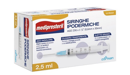 SIRINGA IPODERMICA MEDIPRESTERIL AGO 23 GAUGE 1 1/4 0,6X30MM 2,5 ML 10 PEZZI - Pharmaleader