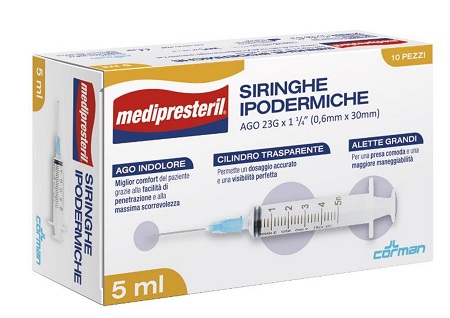 SIRINGA IPODERMICA MEDIPRESTERIL AGO 23 GAUGE 1 1/4 0,5X30MM 5 ML 10 PEZZI - Pharmaleader