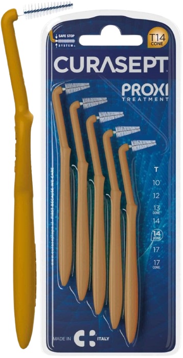 SCOVOLINO CURASEPT PROXI ANGLE MISURA T14 CONICO ISO 4 COLORE OCRA DIAMETRO 1,4 MM 5 PEZZI - Pharmaleader