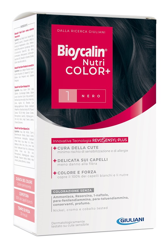 BIOSCALIN NUTRICOLOR PLUS 1 NERO CREMA COLORANTE 40 ML + RIVELATORE CREMA 60 ML + SHAMPOO 12 ML + TRATTAMENTO FINALE BALSAMO 12 ML - Pharmaleader