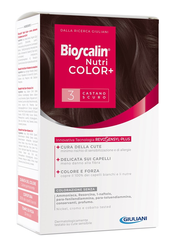 BIOSCALIN NUTRICOLOR PLUS 3 CASTANO SCURO CREMA COLORANTE 40 ML + RIVELATORE CREMA 60 ML + SHAMPOO 12 ML + TRATTAMENTO FINALE BALSAMO 12 ML - Pharmaleader