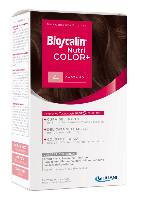 BIOSCALIN NUTRICOLOR PLUS 4 CASTANO CREMA COLORANTE 40 ML + RIVELATORE CREMA 60 ML + SHAMPOO 12 ML + TRATTAMENTO FINALE BALSAMO 12 ML - Pharmaleader