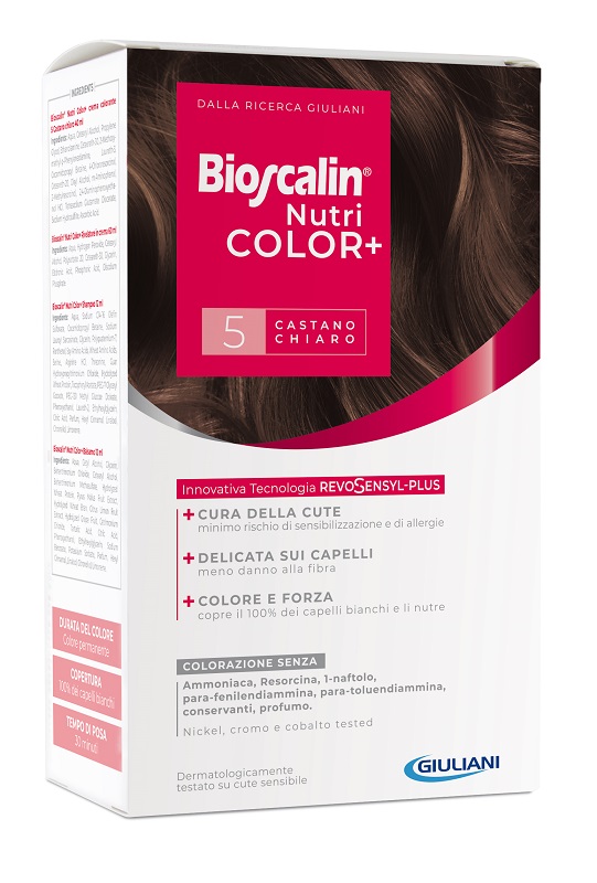 BIOSCALIN NUTRICOLOR PLUS 5 CASTANO CHIARO CREMA COLORANTE 40 ML + RIVELATORE CREMA 60 ML + SHAMPOO 12 ML + TRATTAMENTO FINALE BALSAMO 12 ML - Pharmaleader