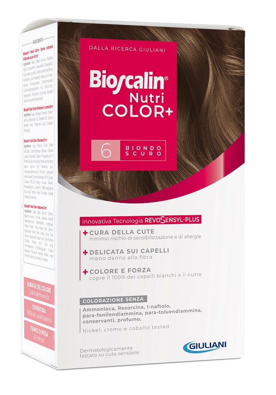 BIOSCALIN NUTRICOLOR PLUS 6 BIONDO SCURO CREMA COLORANTE 40 ML + RIVELATORE CREMA 60 ML + SHAMPOO 12 ML + TRATTAMENTO FINALE BALSAMO 12 ML - Pharmaleader
