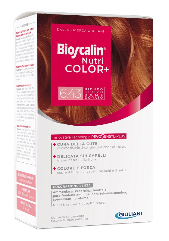 BIOSCALIN NUTRICOLOR PLUS 6,43 BIONDO SCURO RAME DORATO CREMA COLORANTE 40 ML + RIVELATORE CREMA 60 ML + SHAMPOO 12 ML + TRATTAMENTO FINALE BALSAMO 12 ML - Pharmaleader