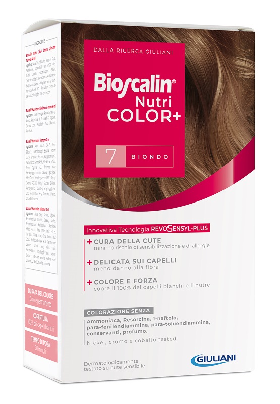 BIOSCALIN NUTRICOLOR PLUS 7 BIONDO CREMA COLORANTE 40 ML + RIVELATORE CREMA 60 ML + SHAMPOO 12 ML + TRATTAMENTO FINALE BALSAMO 12 ML - Pharmaleader