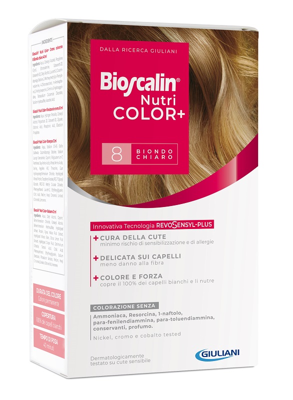BIOSCALIN NUTRICOLOR PLUS 8 BIONDO CHIARO CREMA COLORANTE 40 ML + RIVELATORE CREMA 60 ML + SHAMPOO 12 ML + TRATTAMENTO FINALE BALSAMO 12 ML - Pharmaleader