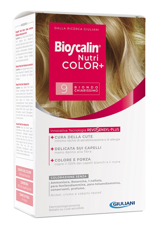 BIOSCALIN NUTRICOLOR PLUS 9 BIONDO CHIARISSIMO CREMA COLORANTE 40 ML + RIVELATORE CREMA 60 ML + SHAMPOO 12 ML + TRATTAMENTO FINALE BALSAMO 12 ML - Pharmaleader