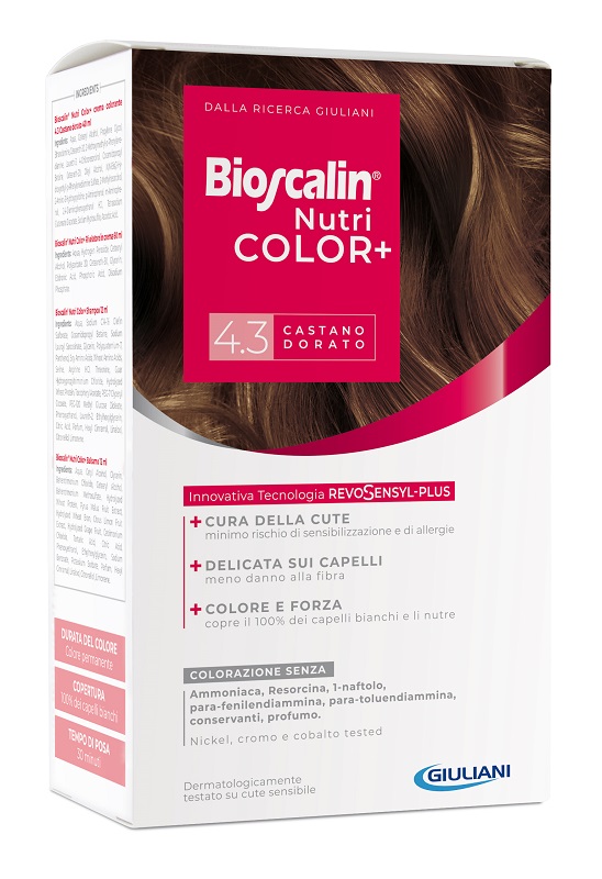 BIOSCALIN NUTRICOLOR PLUS 4,3 CASTANO DORATO CREMA COLORANTE 40 ML + RIVELATORE CREMA 60 ML + SHAMPOO 12 ML + TRATTAMENTO FINALE BALSAMO 12 ML - Pharmaleader