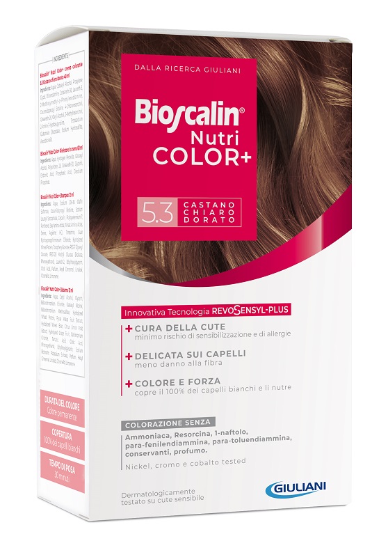 BIOSCALIN NUTRICOLOR PLUS 5,3 CASTANO CHIARO DORATO CREMA COLORANTE 40 ML + RIVELATORE CREMA 60 ML + SHAMPOO 12 ML + TRATTAMENTO FINALE BALSAMO 12 ML - Pharmaleader