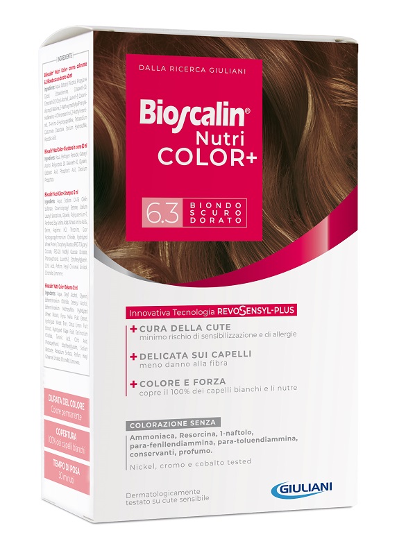 BIOSCALIN NUTRICOLOR PLUS 6,3 BIONDO SCURO DORATO CREMA COLORANTE 40 ML + RIVELATORE CREMA 60 ML + SHAMPOO 12 ML + TRATTAMENTO FINALE BALSAMO 12 ML - Pharmaleader