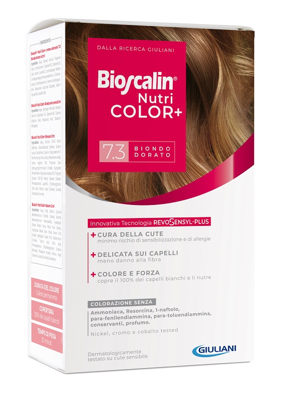 BIOSCALIN NUTRICOLOR PLUS 7,3 BIONDO DORATO CREMA COLORANTE 40 ML + RIVELATORE CREMA 60 ML + SHAMPOO 12 ML + TRATTAMENTO FINALE BALSAMO 12 ML - Pharmaleader