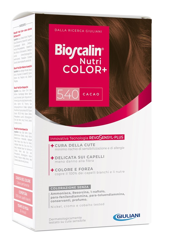 BIOSCALIN NUTRICOLOR PLUS 5,40 CACAO CREMA COLORANTE 40 ML + RIVELATORE CREMA 60 ML + SHAMPOO 12 ML + TRATTAMENTO FINALE BALSAMO 12 ML - Pharmaleader