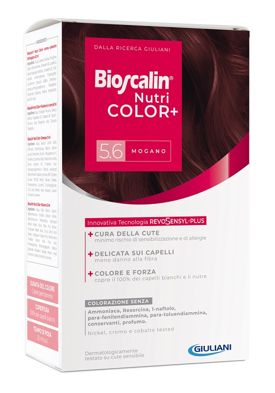 BIOSCALIN NUTRICOLOR PLUS 5,6 MOGANO CREMA COLORANTE 40 ML + RIVELATORE CREMA 60 ML + SHAMPOO 12 ML + TRATTAMENTO FINALE BALSAMO 12 ML - Pharmaleader