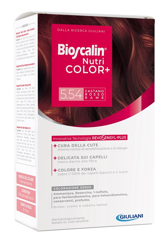 BIOSCALIN NUTRICOLOR PLUS 5,54 CASTANO ROSSO RAME CREMA COLORANTE 40 ML + RIVELATORE CREMA 60 ML + SHAMPOO 12 ML + TRATTAMENTO FINALE BALSAMO 12 ML - Pharmaleader