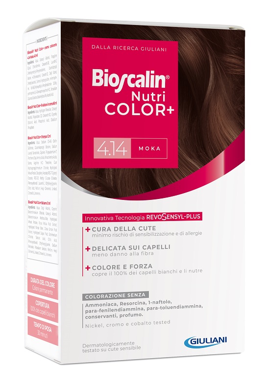 BIOSCALIN NUTRICOLOR PLUS 4,14 MOKA CREMA COLORANTE 40 ML + RIVELATORE CREMA 60 ML + SHAMPOO 12 ML + TRATTAMENTO FINALE BALSAMO 12 ML - Pharmaleader